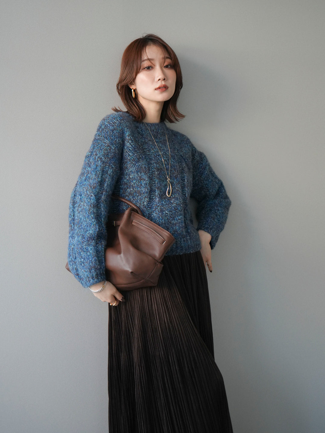 [予約]ワイドケーブルミックスニットプルオーバー/blue