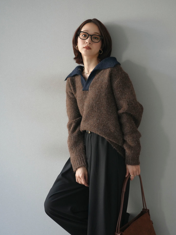 [SET]バイカラー襟付きニットプルオーバー+ベルトループデザインワイドパンツ(2set)