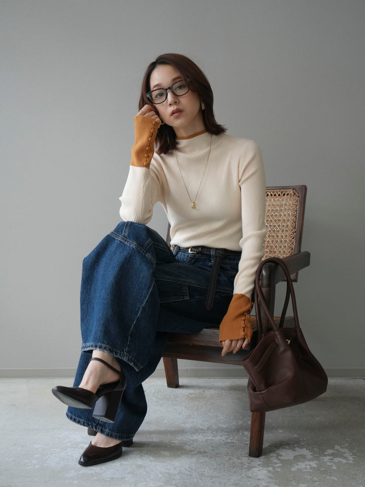 [SET]袖ボタンハイネック配色リブニットトップス+袖ボタンハイネック配色リブニットトップス(2set)