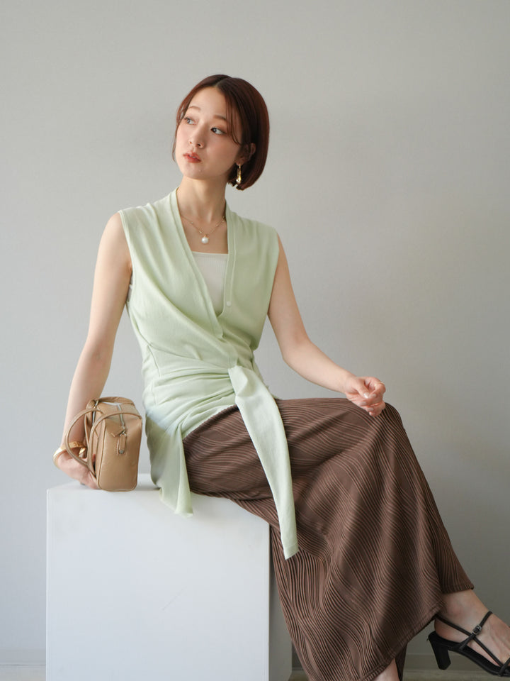 [SET]腰巻きデザインノースリーブニットカーディガン+ウェーブパイピングタイトスカート(2set)