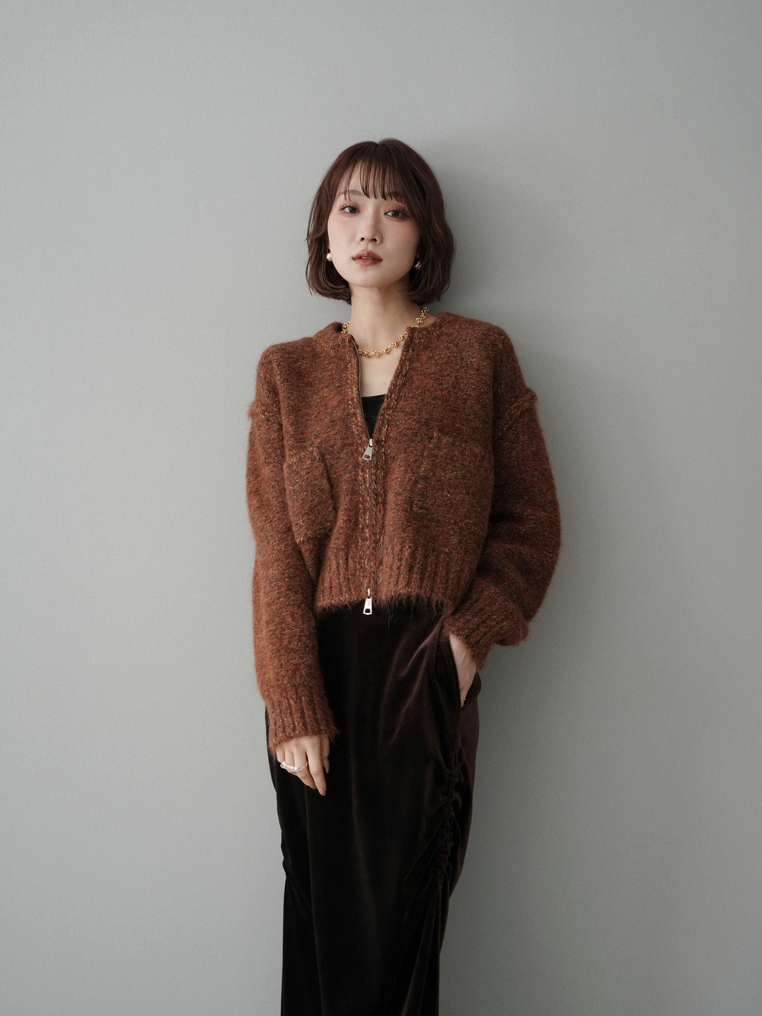 [予約]ミックスヤーンダブルZIPニットカーディガン/brown