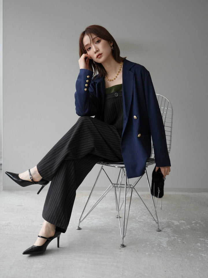 [予約]サテン切替ピンストライプサロペット/ブラック