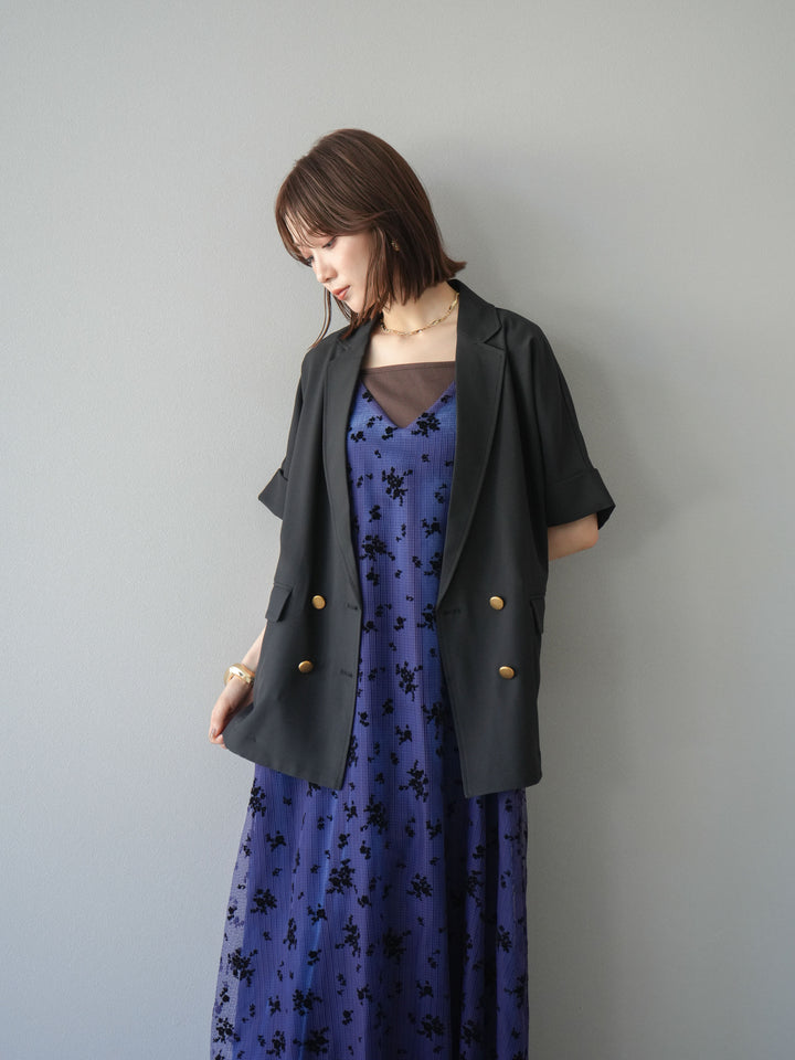 [套裝] 植絨薄紗層疊天鵝絨吊帶連身裙 + 金色紐帶半夾克 (2 套)