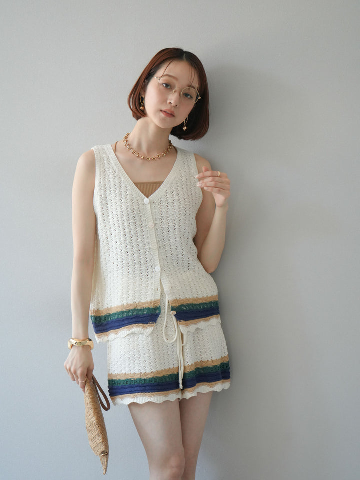 [SET]裾マルチボーダーニットベスト＆ショートパンツ SET UP(2set)