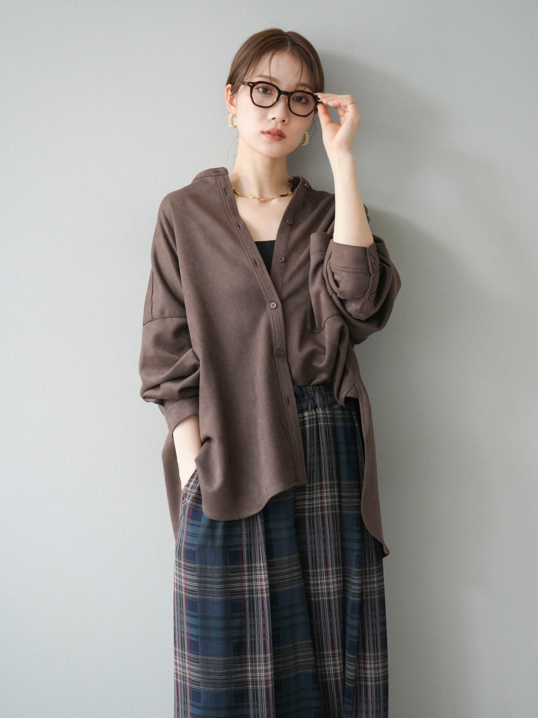 [SET]スエードバンドカラーオーバーシャツ+シアーチェックバギーパンツ(2set)