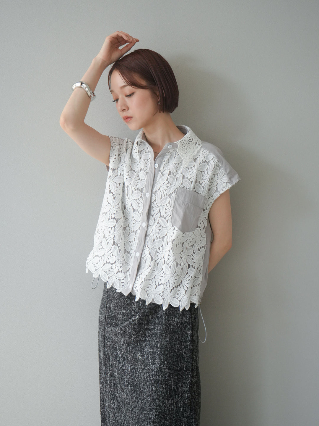 [予約]レースレイヤードドロストシャツ/グレー