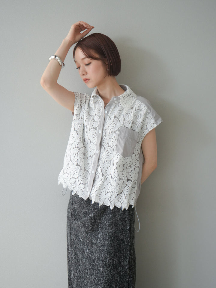 [予約]レースレイヤードドロストシャツ/グレー