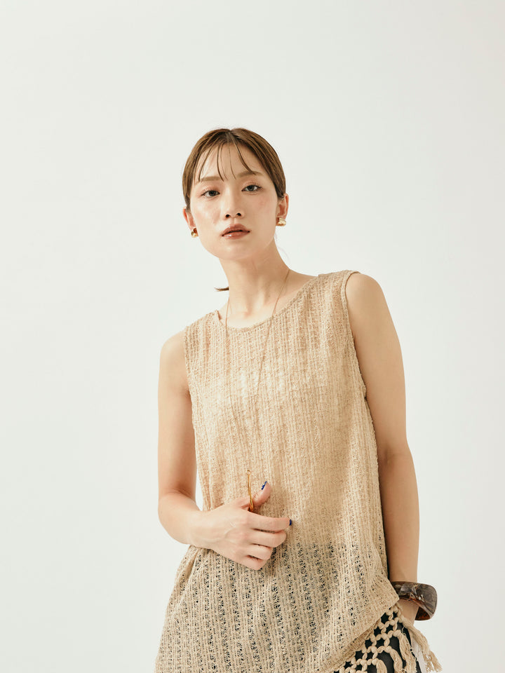 [予約]フリンジ透かし編みニットベスト/ベージュ