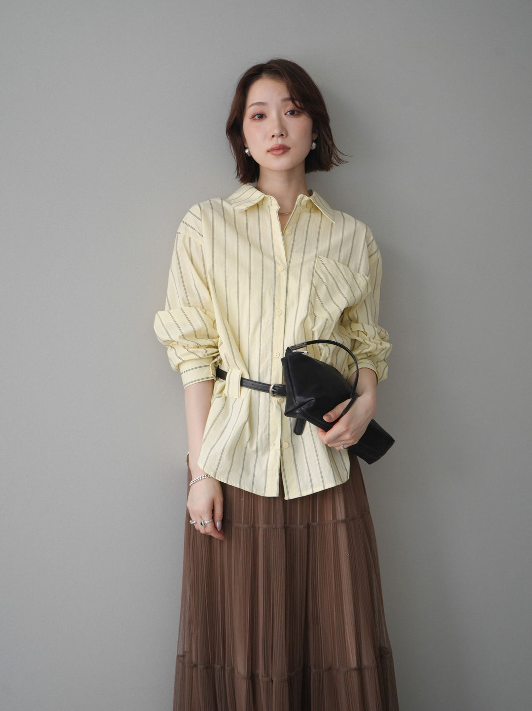 [予約]ベルト付ストライプロングシャツ/yellow