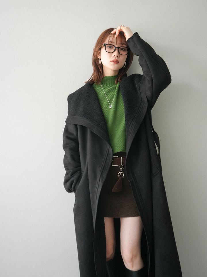 [SET]BIGカラームートンコート+ボトルネック裾カールリブニットトップス(2set)