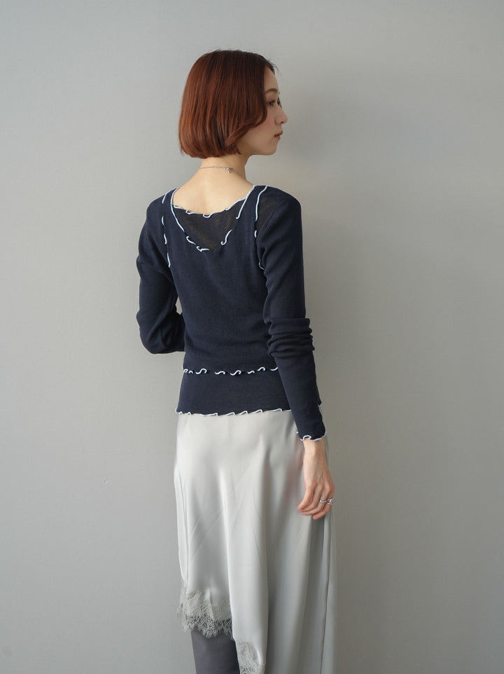 [SET]バイカラーメローアンサンブルシアーニットトップス+センターシームフレアパンツ+サテンライクアシメレーススカート(3set)