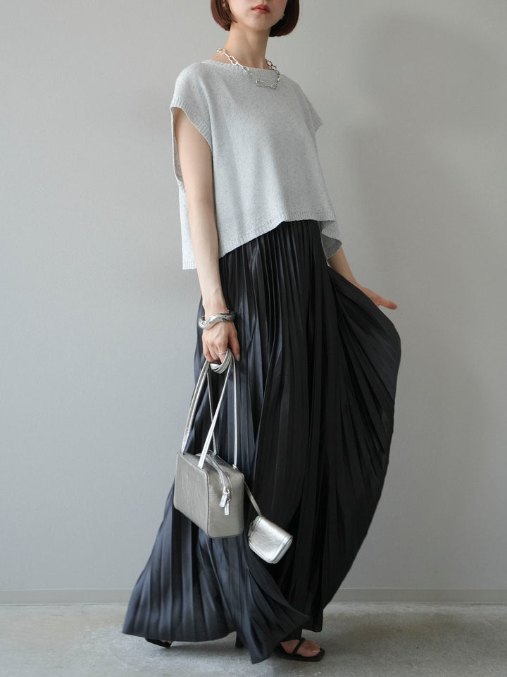 [SET]ネップヤーンクロップドニットベスト+サテンプリーツマキシスカート(2set)