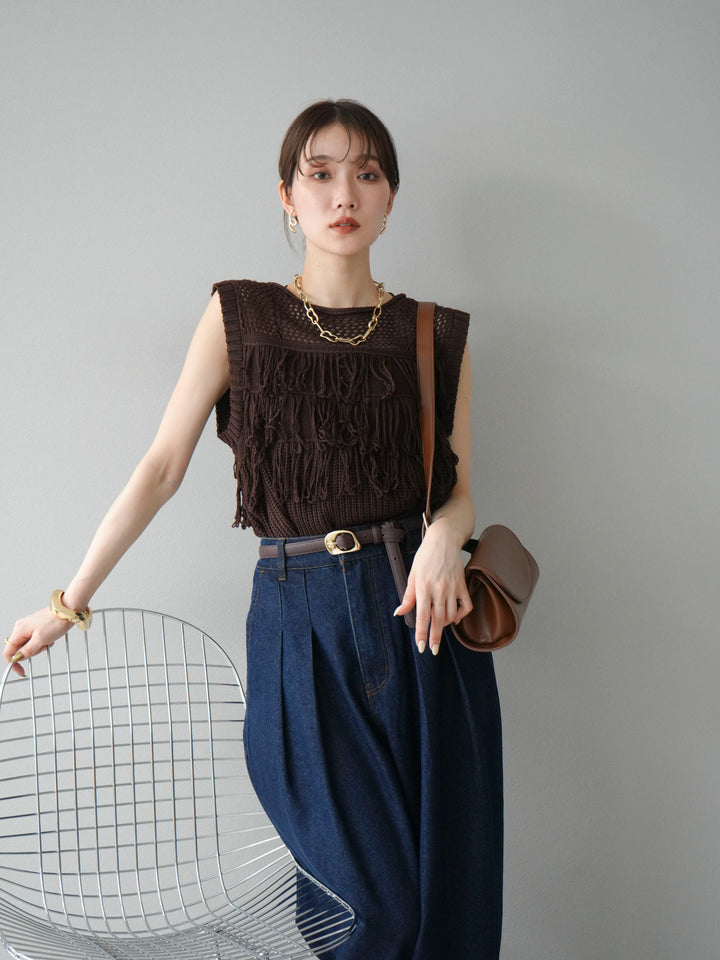 【預購】鏤空流蘇針織上衣/棕色