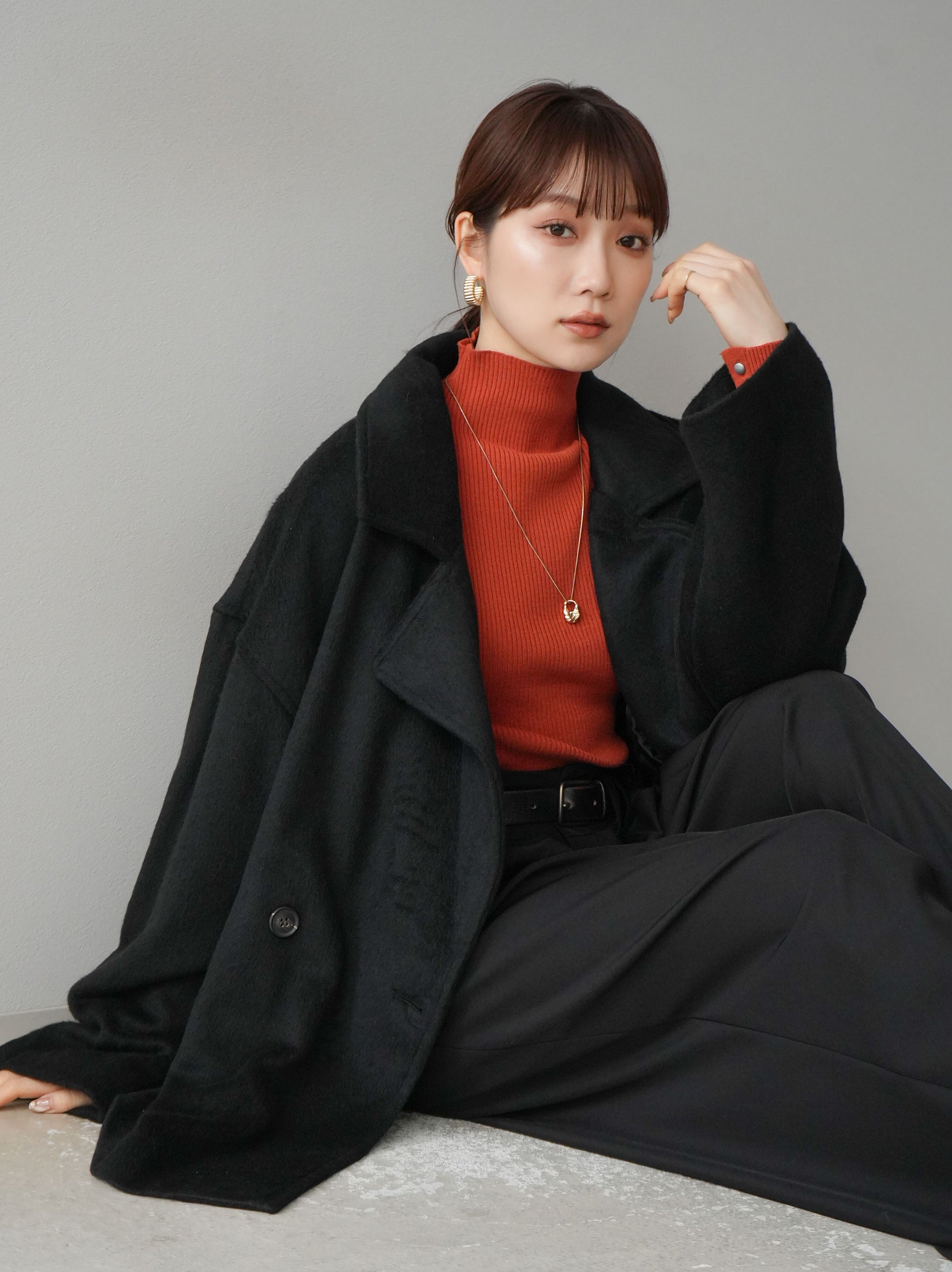 SET]フェイクビーバーミドルコート+ベルト付ウールタッチワイドパンツ