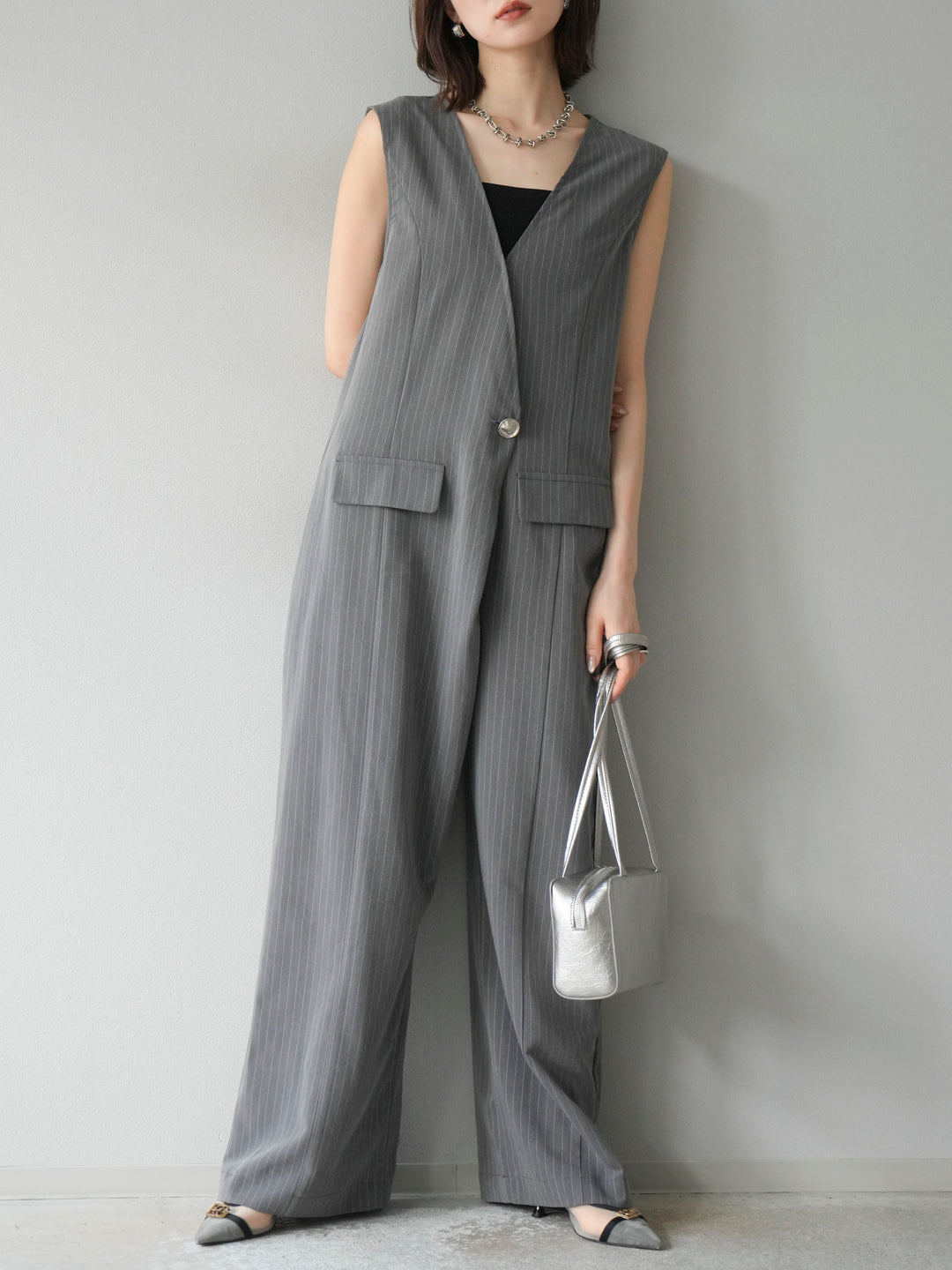 [予約]ストライプラップデザインオールインワン/グレー