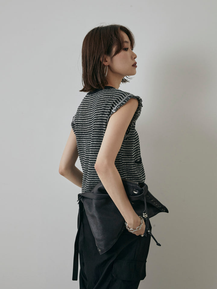 [予約]ボーダー袖フリンジニットベスト/ブラック