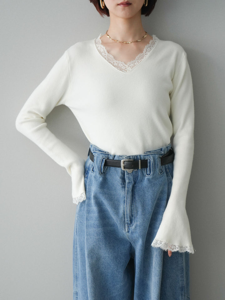 [SET]レースドッキングVネックニットトップス+ハイウエストベルトループデザインデニムパンツ(2set)