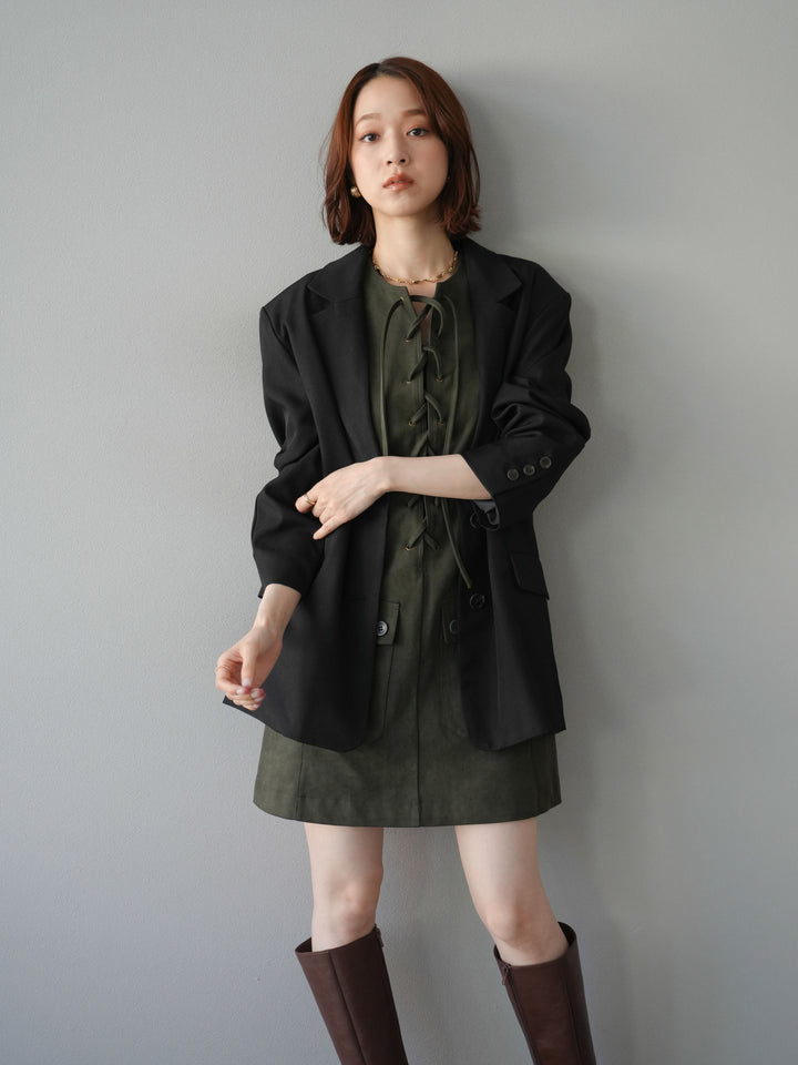 [予約]レースアップスエードミニワンピース/カーキ