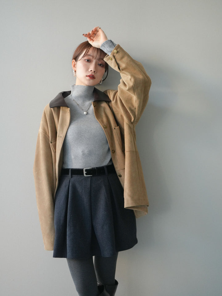 [SET]襟レザーステンカラースエードジャケット+ベルト付きタックミニスカート(2set)