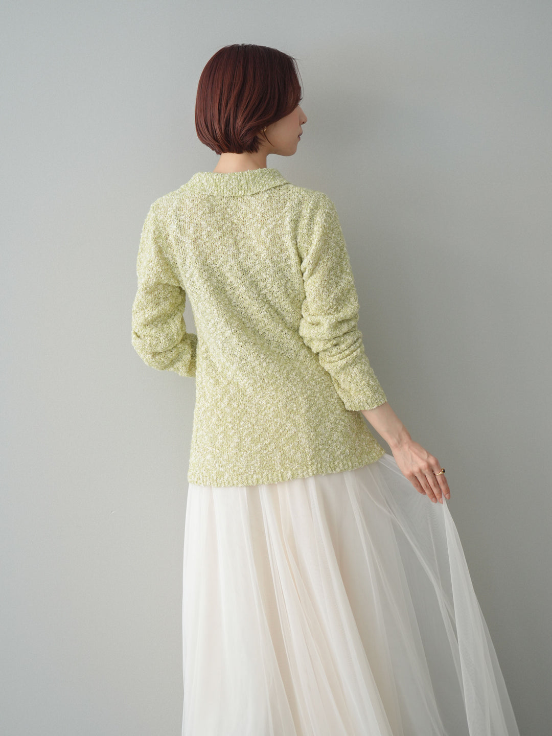 [予約]透かし編みブークレポロニットトップス/green