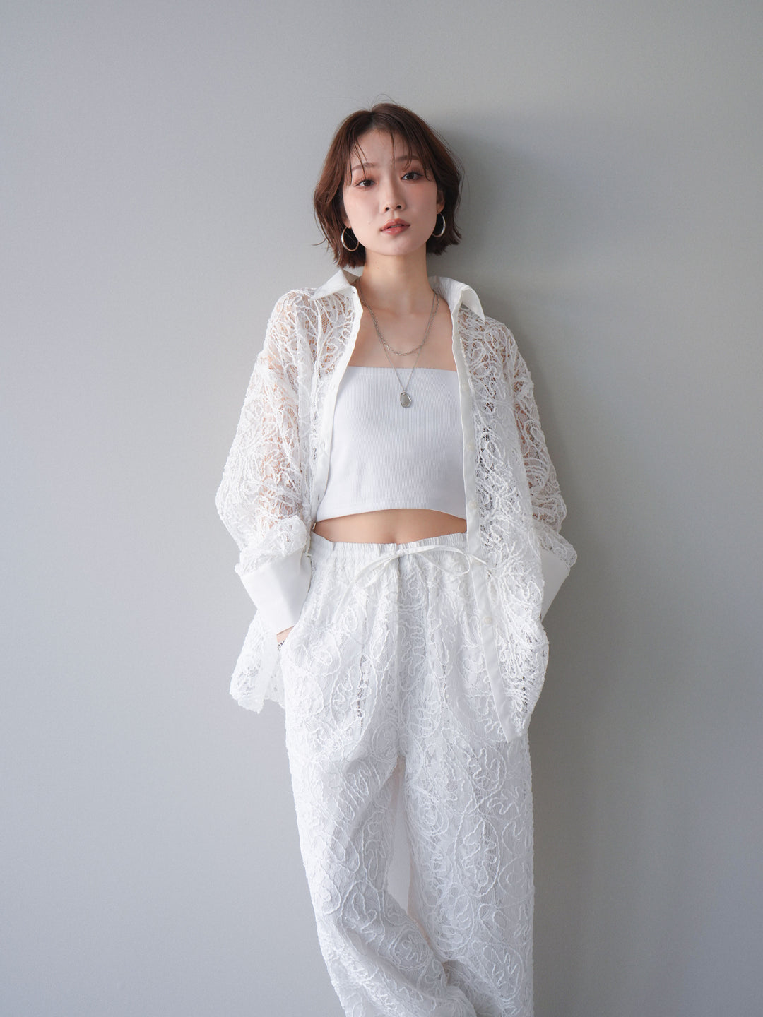 [SET]シアーコードレースオーバーシャツ+シアーコードレースイージーパンツ(2set)