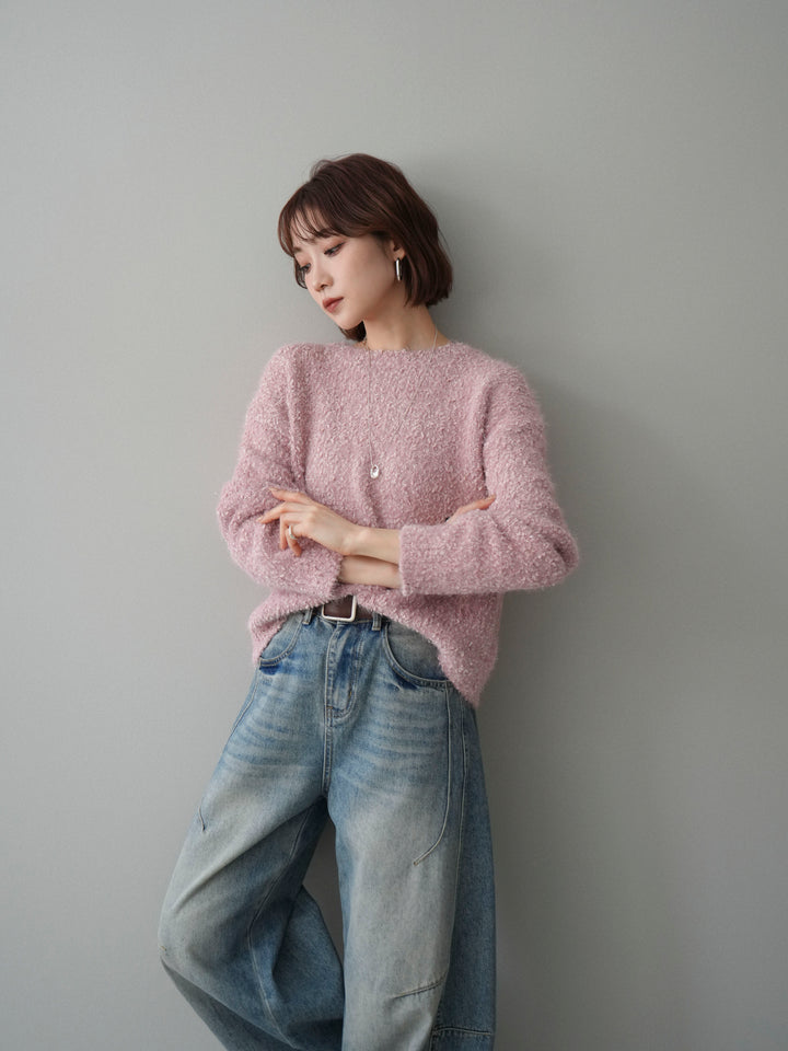 [SET]モールラメミックスヤーンニットプルオーバー+ベルト付カーブデニムパンツ(2set)