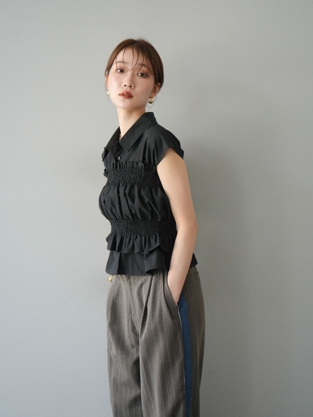 [予約]サイドラインストライプワイドパンツ/ブラウン