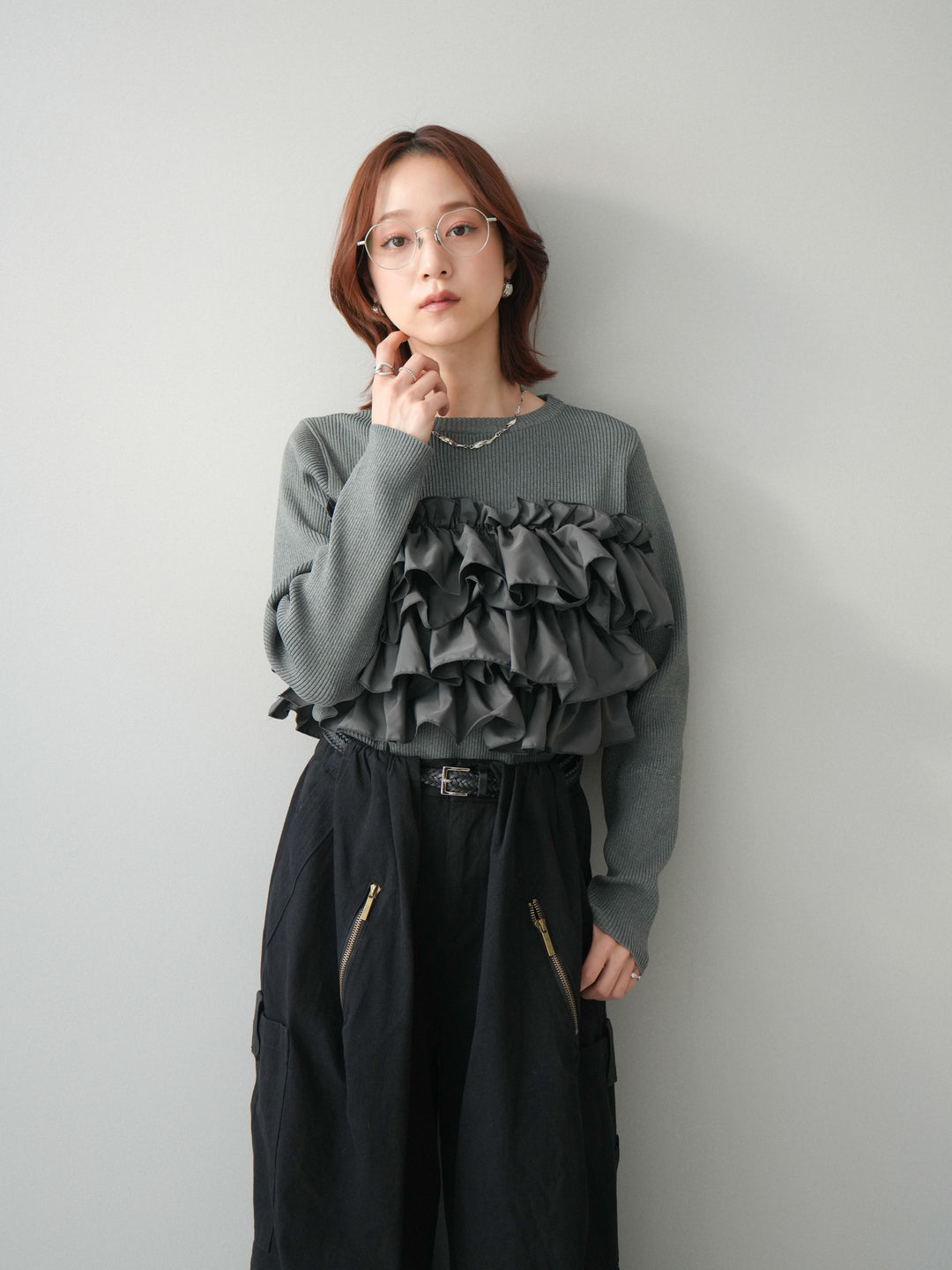 [SET]フリルビスチェドッキングスポンジニットプルオーバー+コットンタックループパンツ(2set)