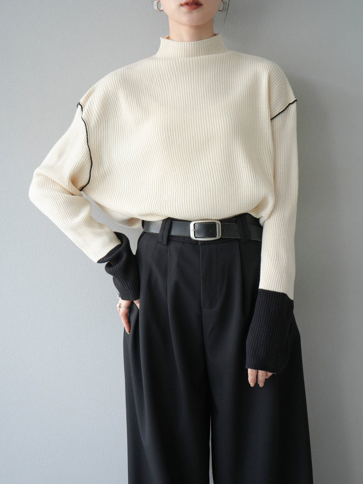 [予約]ボトルネック配色リブニットプルオーバー/エクリュ×ブラック