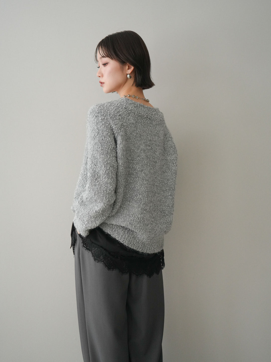 [SET]Vネックスラブニットプルオーバー+選べるアクセセット(2set)