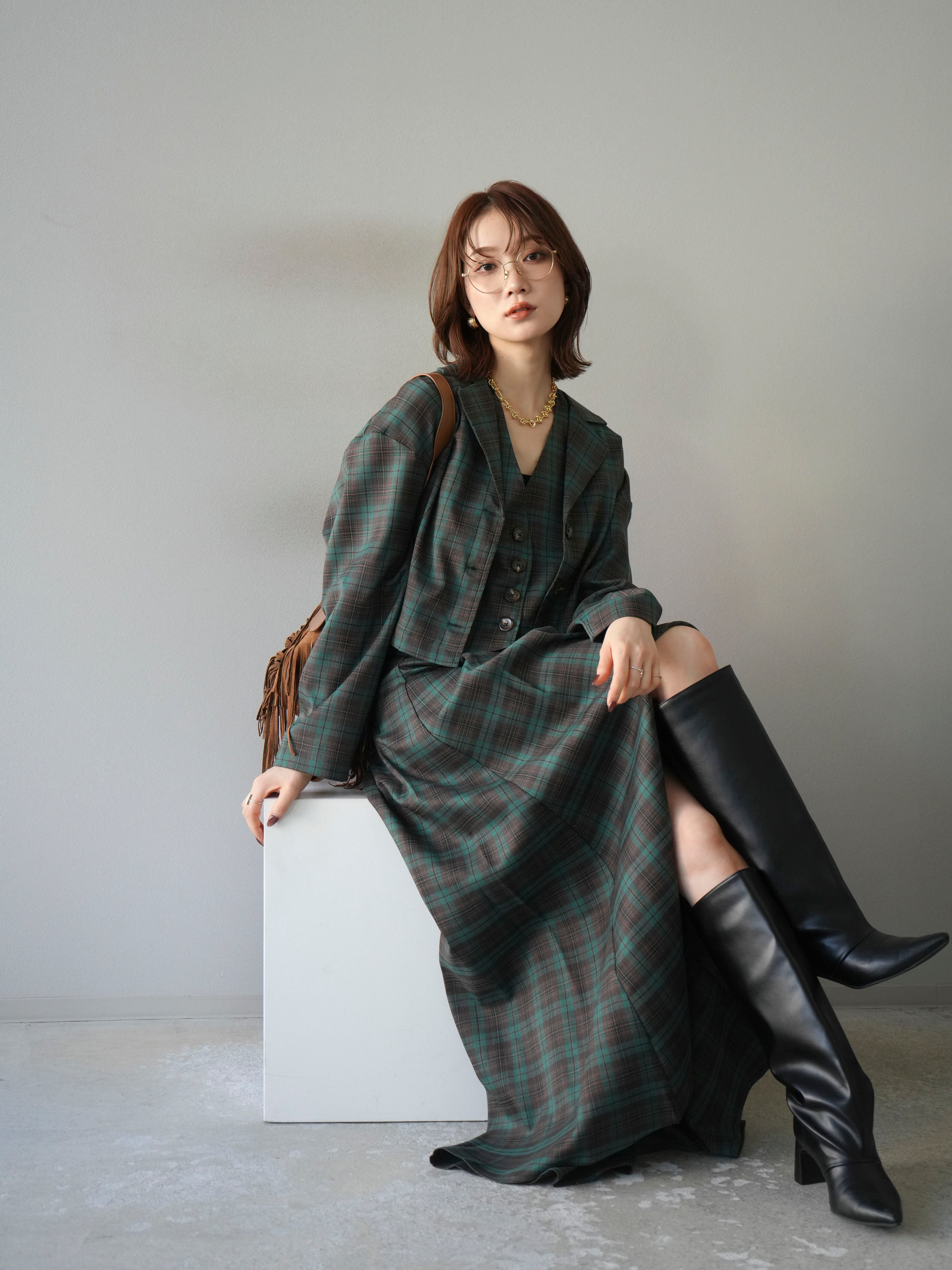 予約]チェック柄ショートジャケット/グリーン – Lumier