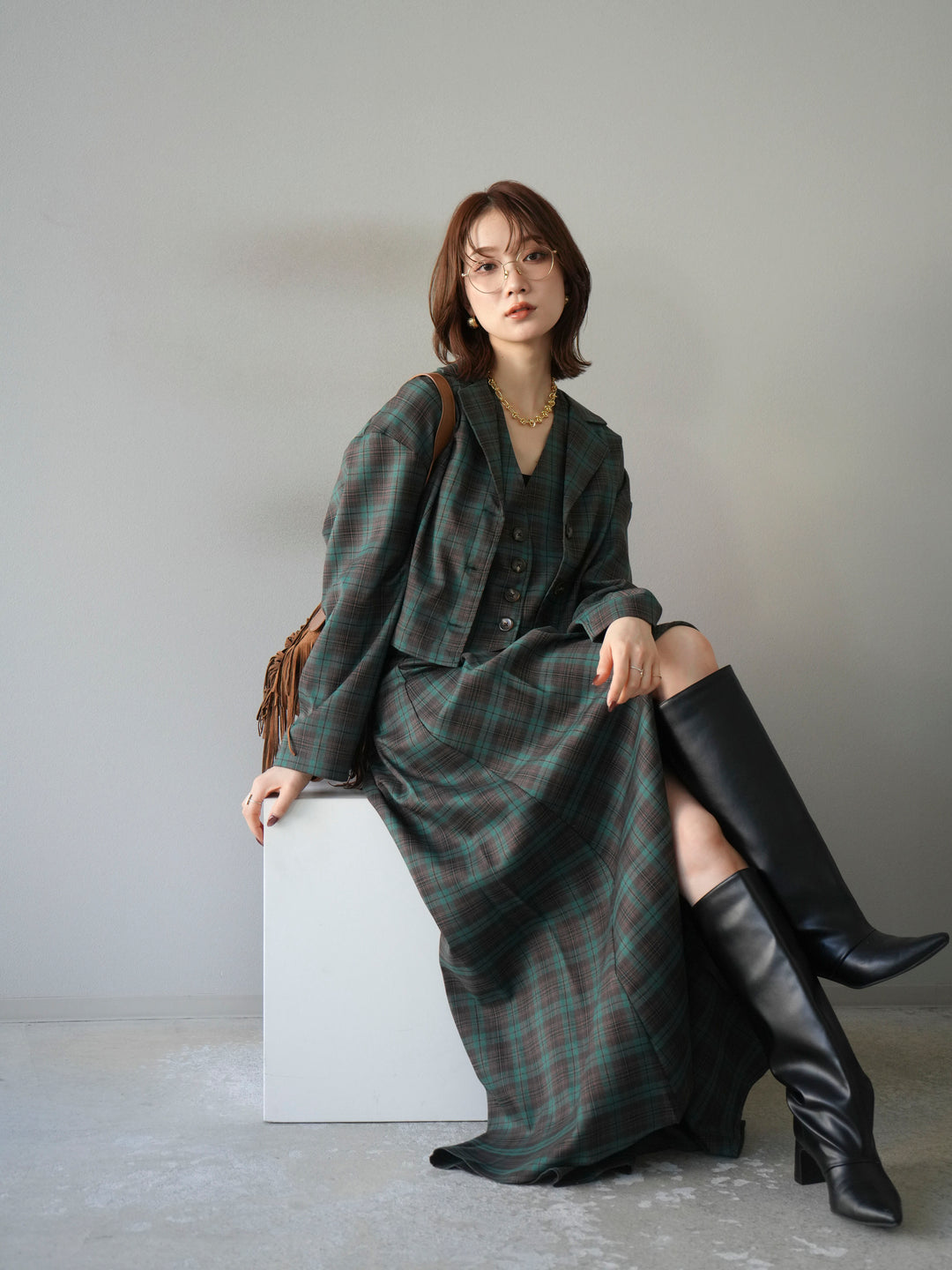 [予約]チェック柄ショートジャケット/グリーン