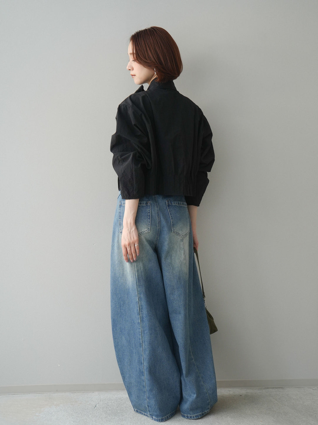 [SET]ボウタイ裾プリーツライトジャケット+フロントビジューカーブデニムパンツ(2set)