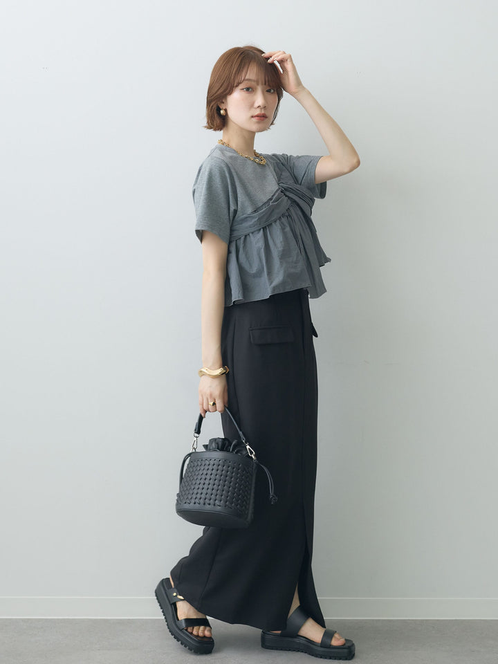 【着回しセット】[SET]ナイロンドッキングツイストTEE +ナイロンドッキングツイストTEE +クレープデシンフラップ付きストレートスカート(3set)