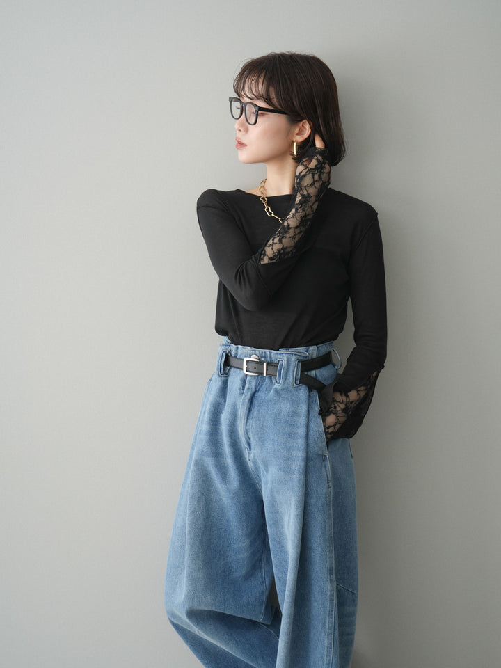 [予約]袖レースレイヤードデザインメロートップス/black
