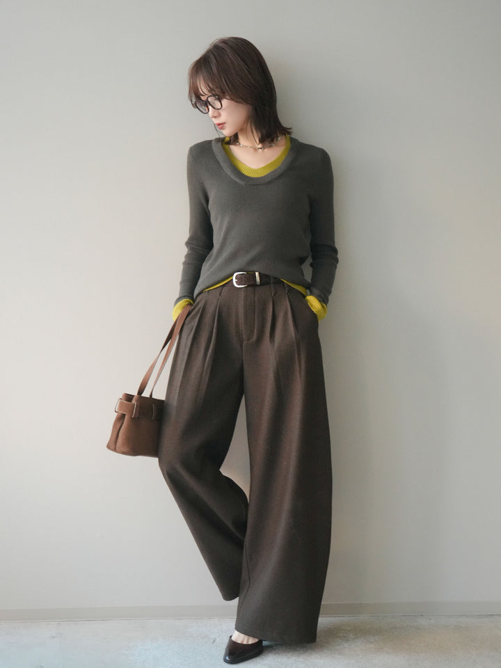 [予約]アニマル柄ベルト付きウールタッチワイドパンツ/brown