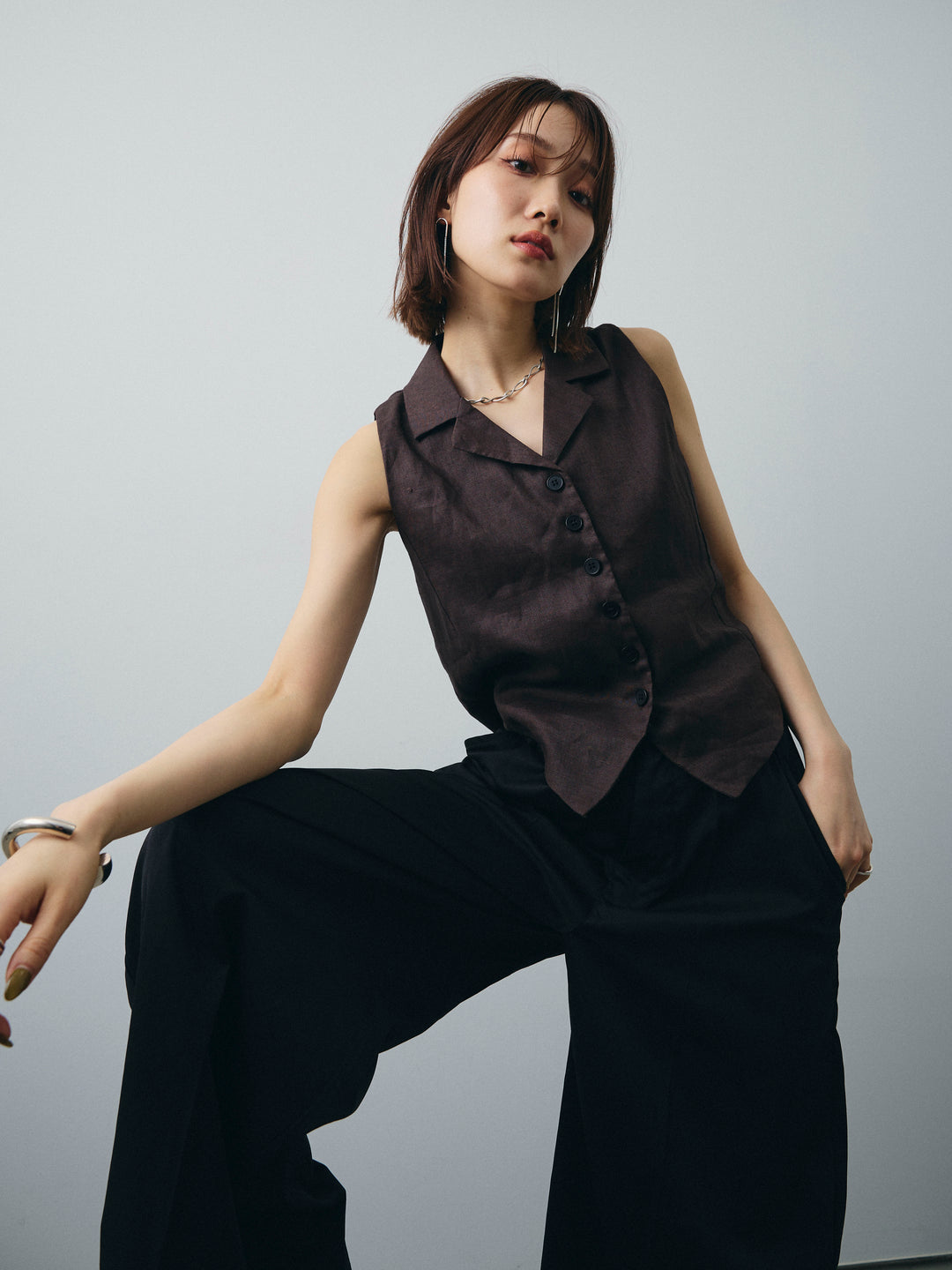 [SET]リネンライクテーラードジレ+コクーンワイドチノパンツ(2set)