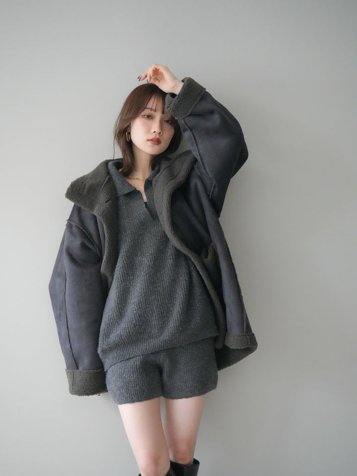 [SET]ポロニットプルオーバー＆ショートパンツSET UP+スタンドネックフェイクムートンミディアムコート(2set)