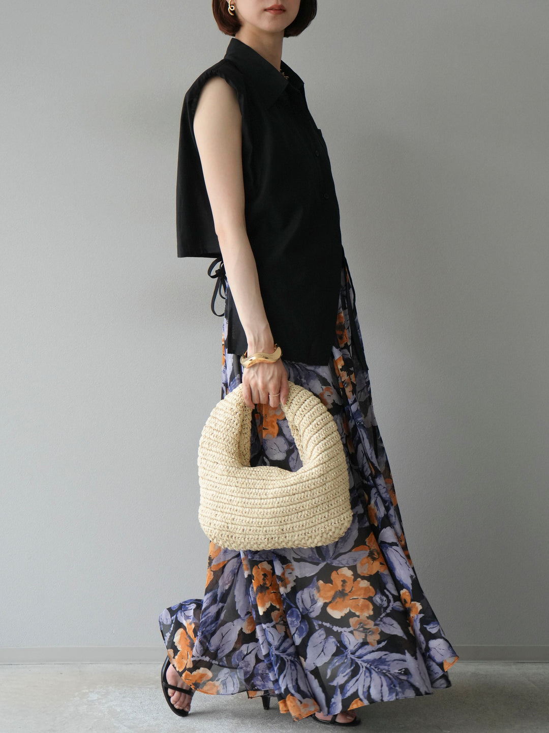 [予約]フラワープリントボリュームフレアスカート/ブラック