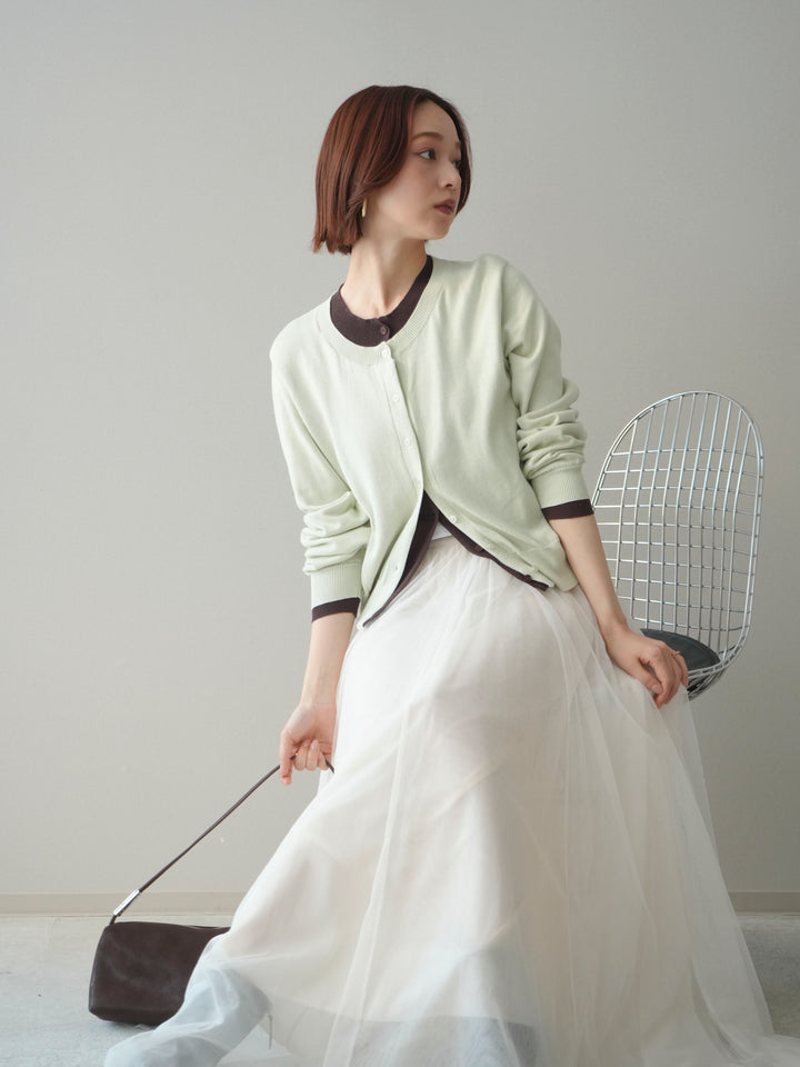 [予約]配色レイヤードコットンアクリルニットカーディガン/mint