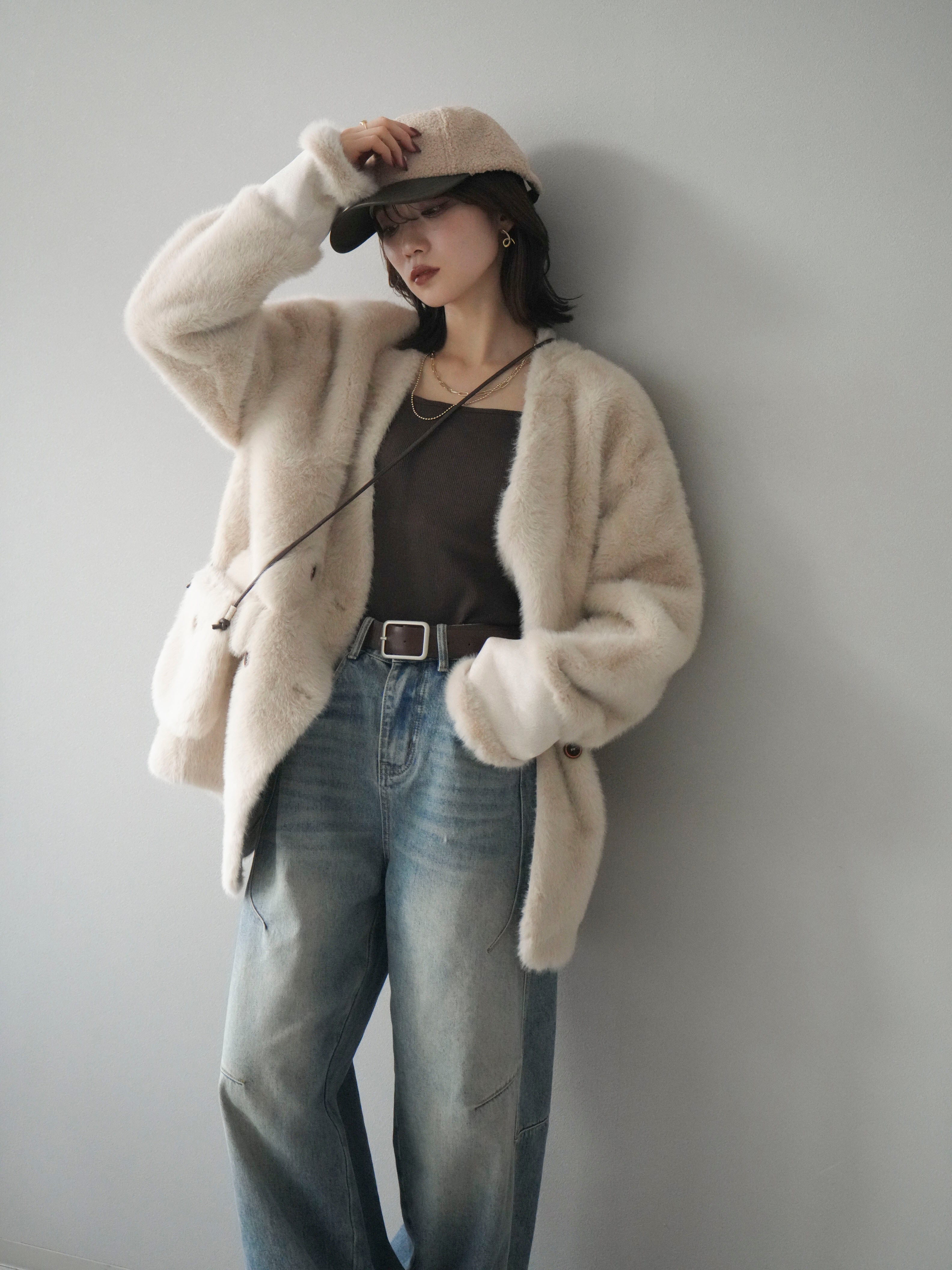 SET]バッグ付エコファーノーカラーコート+選べるアクセセット(2set