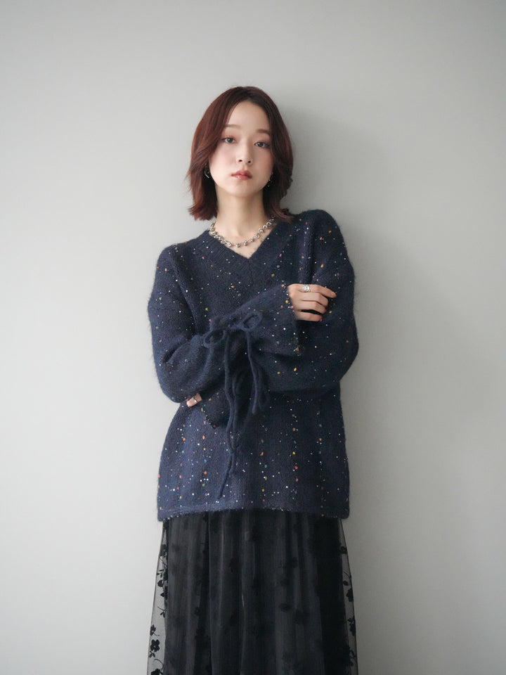 [SET]キャンディースリーブカラーネップスパンコールニットプルオーバー+フラワーフロッキーチュールプリーツスカート(2set)