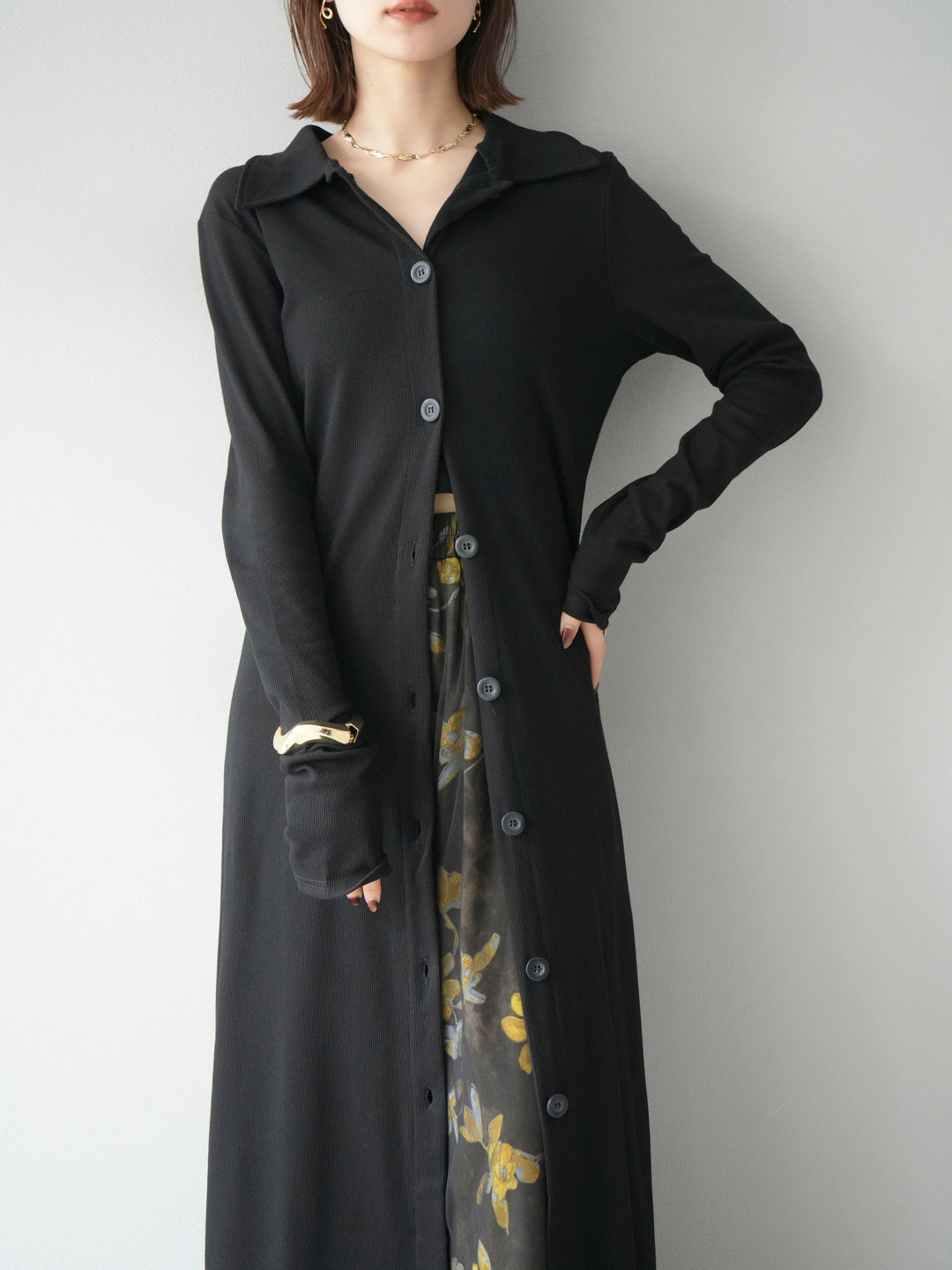 [SET]襟付きカットリブボタンワンピース+フラワープリントチュールレイヤードパンツ(2set)