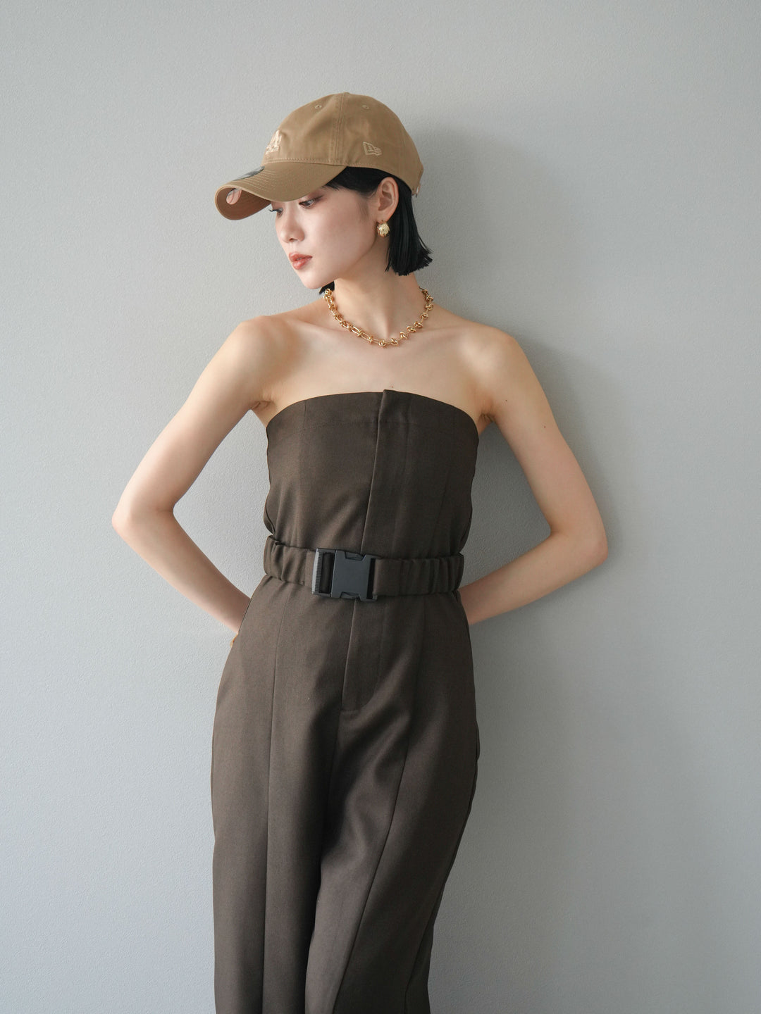 【預購】混色斜紋腰帶熊圖案工裝褲/棕色