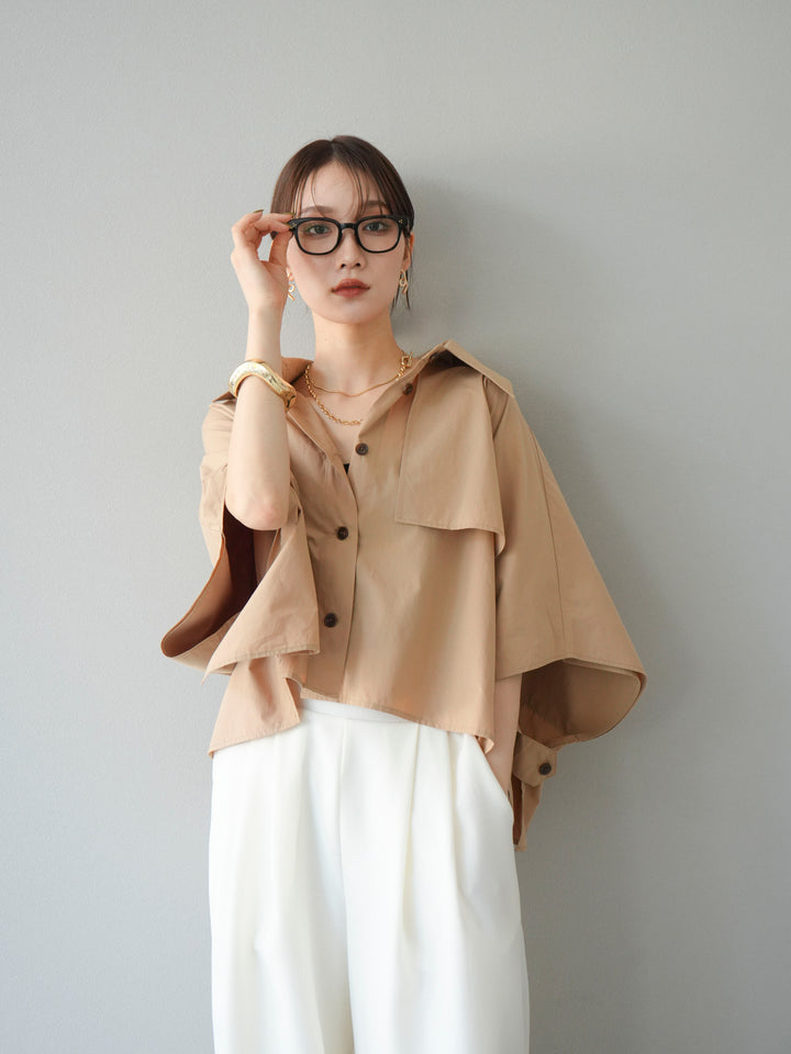 [SET]ポンチョショートシャツ+リネンライクイージーワイドパンツ(2set)