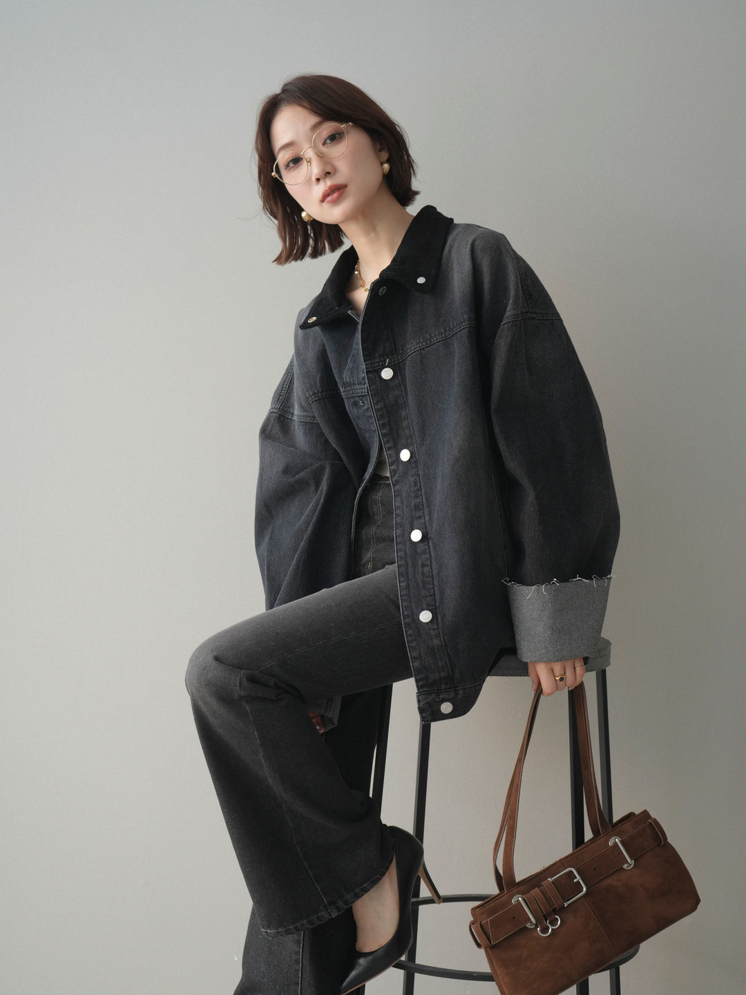 [SET]コーデュロイ×デニムミドルジャケット+フレアデニムパンツ(2set)