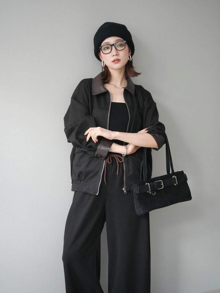 [予約]レザー襟配色パイピングブルゾン/black