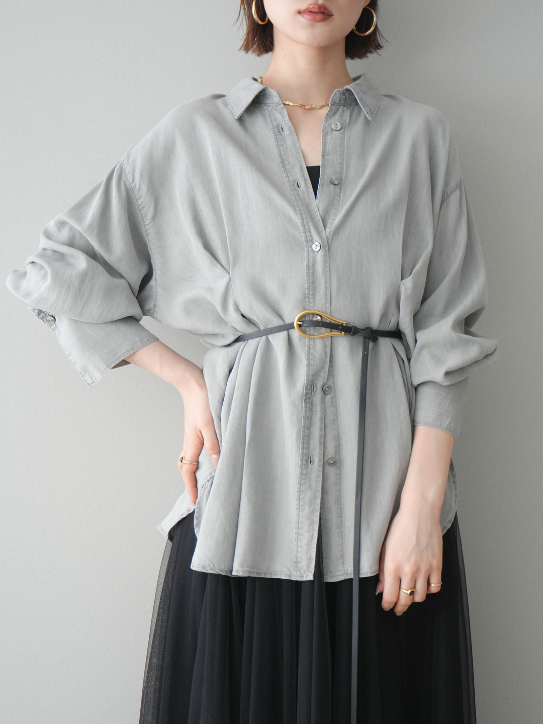 【預購】天絲牛仔褶皺襯衫/灰色