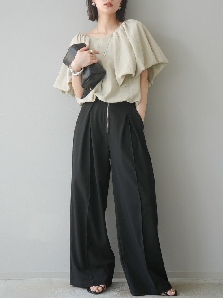 [SET] 燈籠袖褶襉設計上衣 + 拉鍊褶襉寬褲 (2 套)