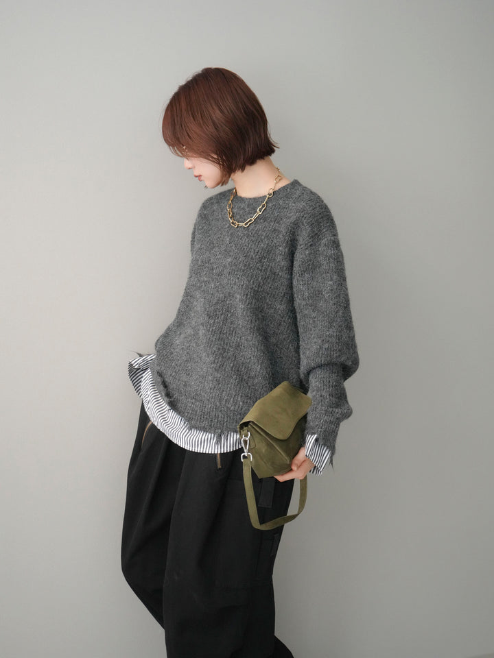 [予約]裾シャツレイヤードダメージニットプルオーバー/darkgrey